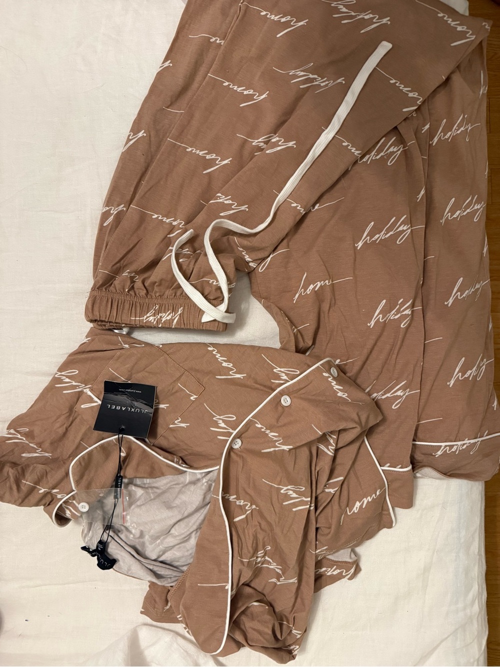 JLUXLABEL Women's Brown Script Pajama Set with White Piping